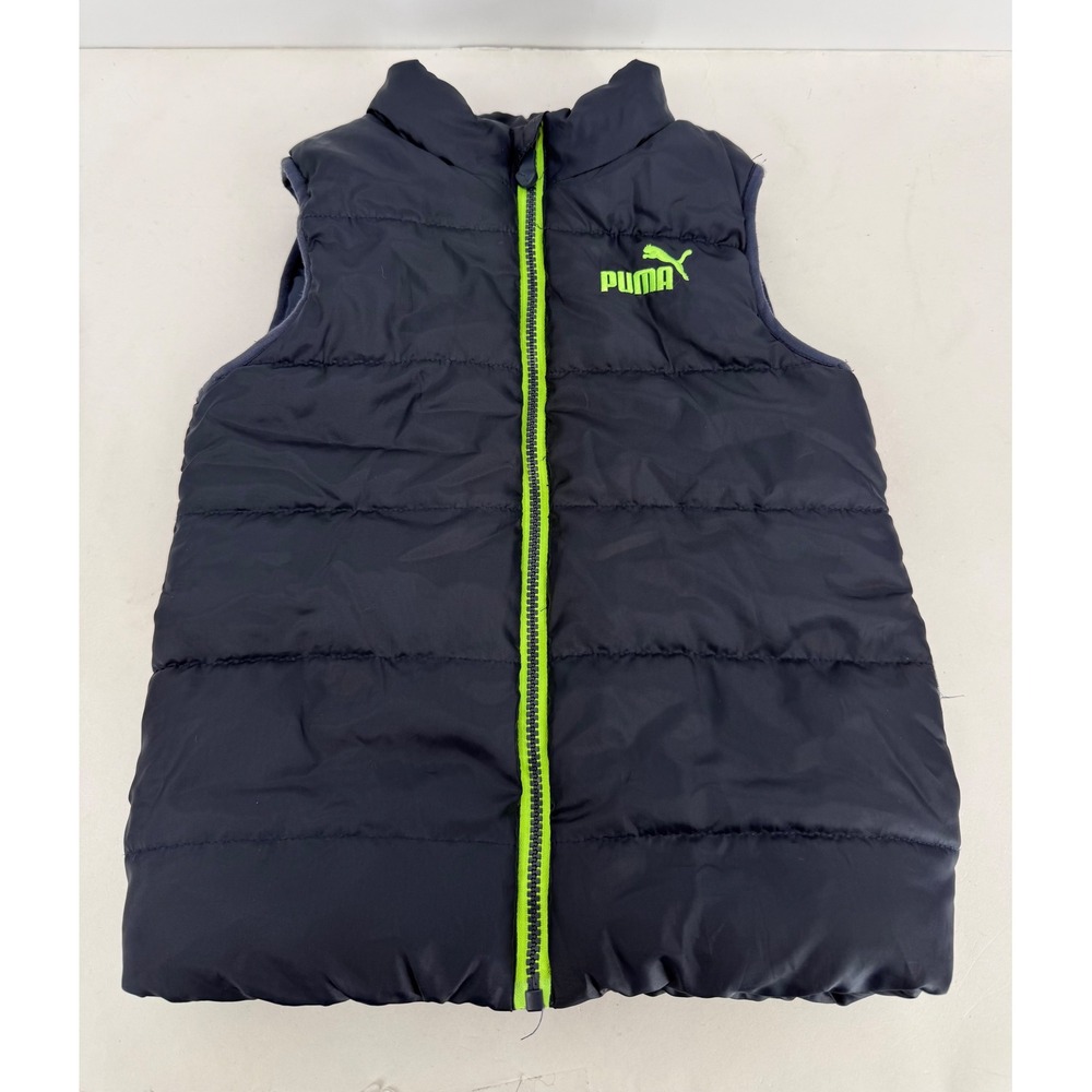 Puma Boys Navy Blue Puffer Vest Lime Green‎ Zip Quilted Sleeveless Jacket Sz 7
